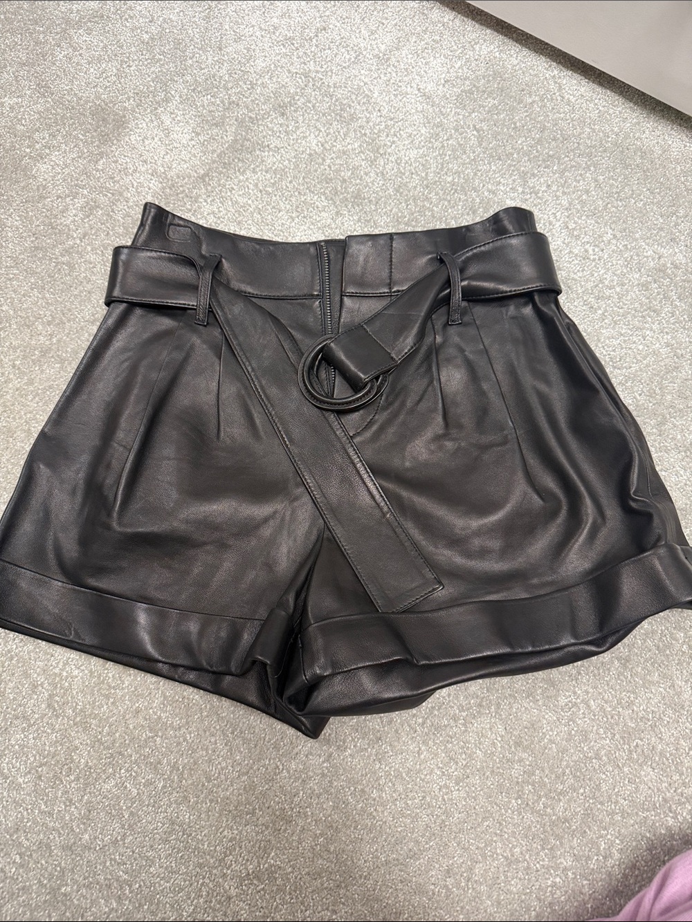 Frame Denim Black High-Waist Faux Leather Belted Shorts